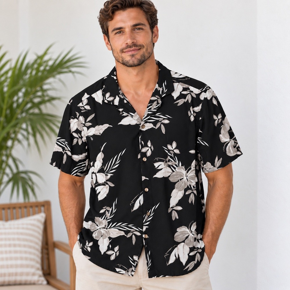 Old Navy Mens XL Floral Hawaiian Shirt Navy Blue Short Sleeve Cotton Viscose
